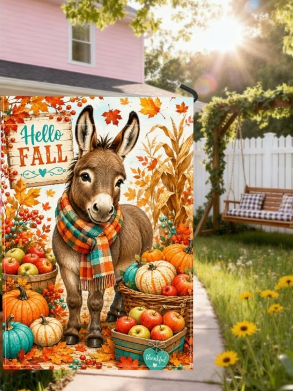 Garden Yard Flag Hello Fall Donkey Tapestry Orange, Teal & Cream Autumn Accent - Picture 2 of 6